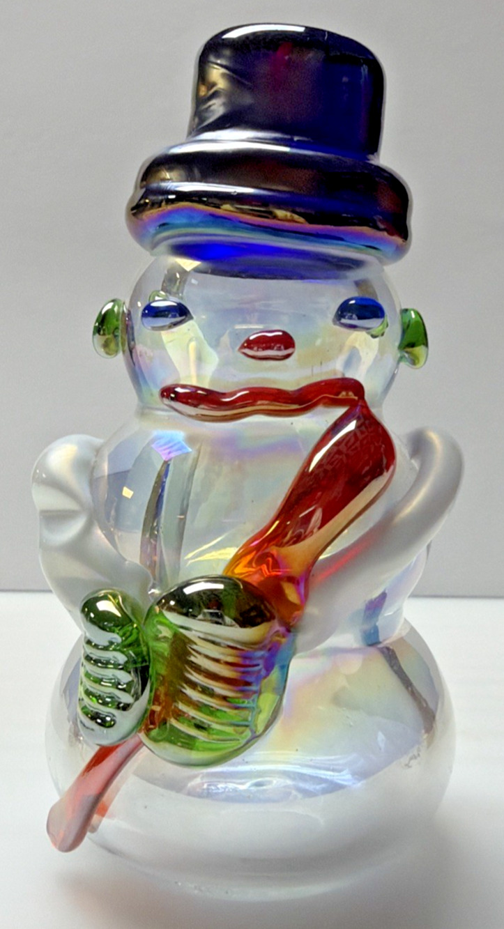 Vintage Art Glass Snowman Iridescent Applied Glass Paperweight Figurine